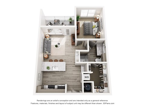 Floor plan for 1 bed, 1 bath, 677 sqft